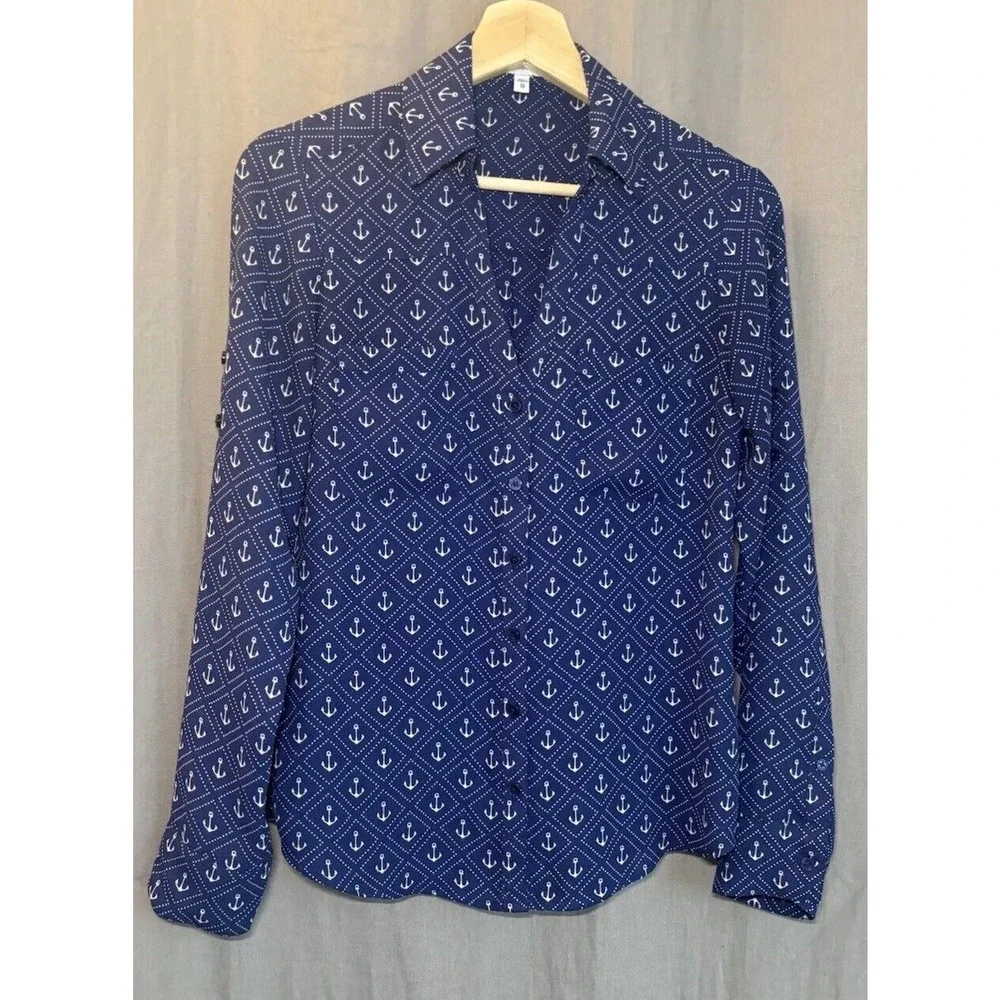 Express Portofino Anchor Nautical Print Shirt Size Xsmall Roll Tab Sleeve
